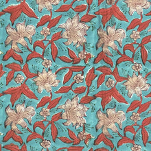 Load image into Gallery viewer, Tablecloth Block Print - Lily Turquoise &amp; Red 145x220 cm