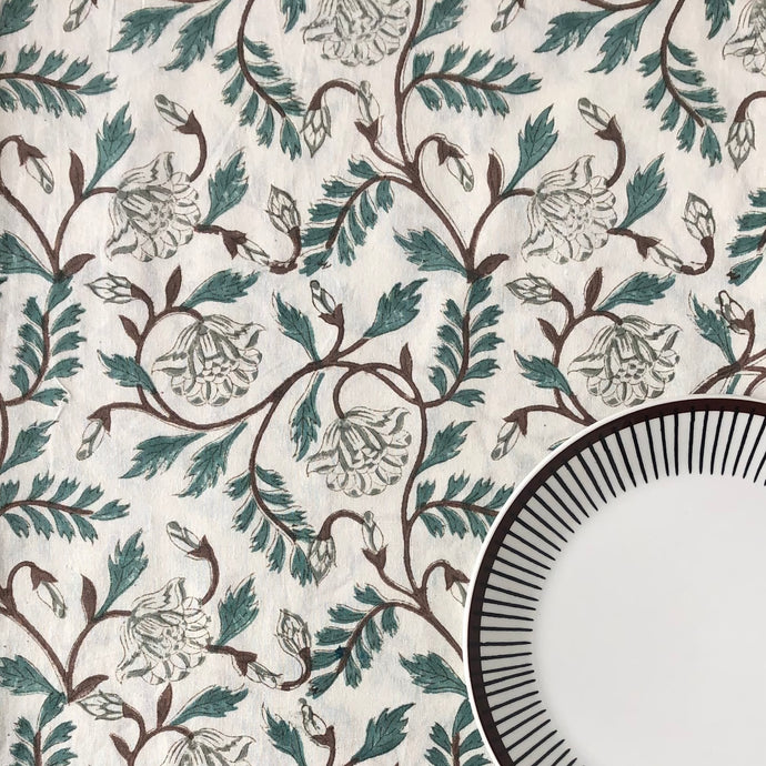 Tablecloth Block Print - Vineyard Green Brown 145x220 cm