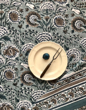 Load image into Gallery viewer, Tablecloth with Indian flower print in grey blue and brown