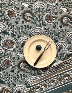 Tablecloth with Indian flower print in grey blue and brown
