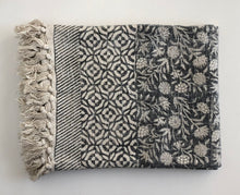 Load image into Gallery viewer, Throw Mysore Blockprint Flower Chunky Cotton Charcoal Black Geometric Border