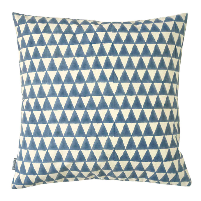 Organic cotton canvas cushion with blue triangle block print