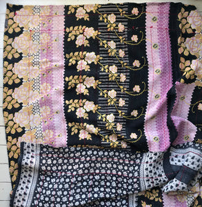 Vintage Kantha Throw – Black & White Tulip Lilac Rose 130x210 cm