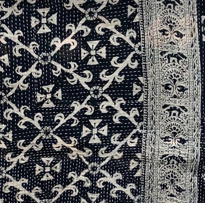 Vintage Kantha Cushion Cover - Black & Light Beige Geometric