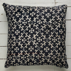 Vintage Kantha Cushion Cover - Black & Light Beige Geometric