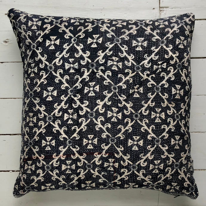 Vintage Kantha Cushion Cover - Black & Light Beige Geometric