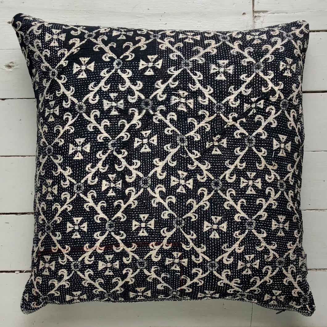 Vintage Kantha Cushion Cover - Black & Light Beige Geometric