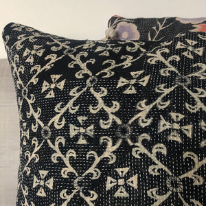 Vintage Kantha Cushion Cover - Black & Light Beige Geometric