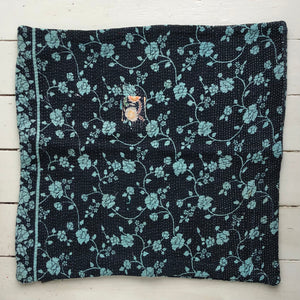 Vintage Kantha Cushion Cover - Black & Aqua Turquoise Small Flower