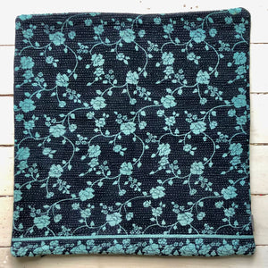 Vintage Kantha Cushion Cover - Black & Aqua Turquoise Small Flower