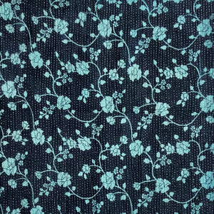 Vintage Kantha Cushion Cover - Black & Aqua Turquoise Small Flower