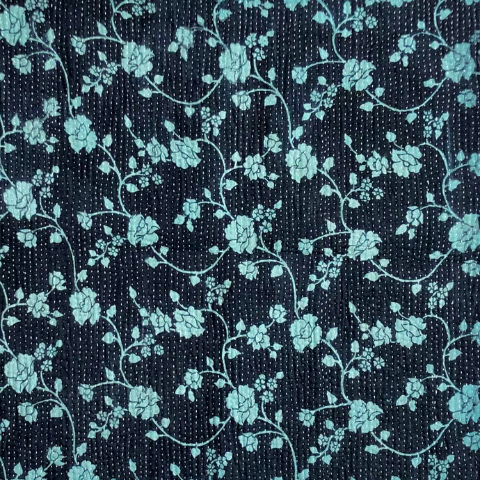 Vintage Kantha Cushion Cover - Black & Aqua Turquoise Small Flower