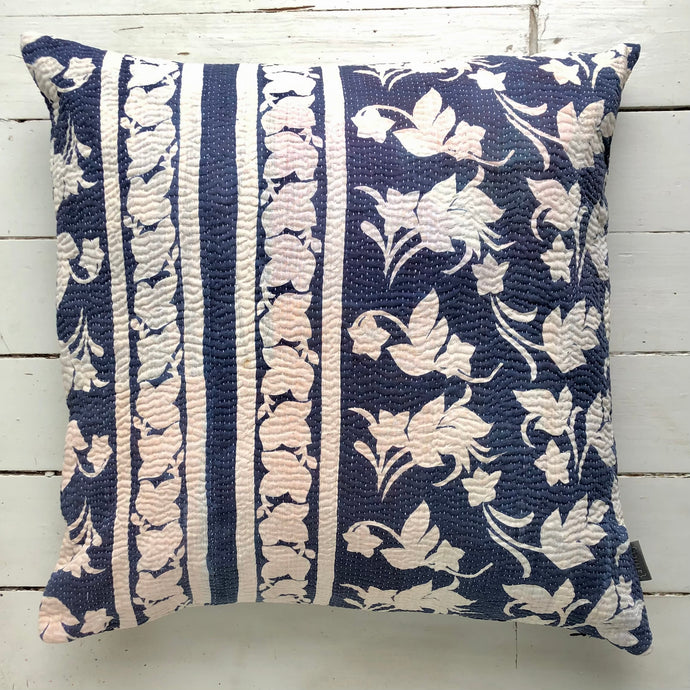 Vintage Kantha Cushion Cover - Dark Blue & Off White Flower Border