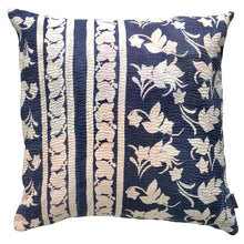 Load image into Gallery viewer, Vintage Kantha Cushion Cover - Dark Blue &amp; Off White Flower Border