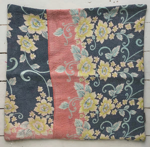 Vintage Kantha Cushion Cover - Grey Apricot Yellow Flowers
