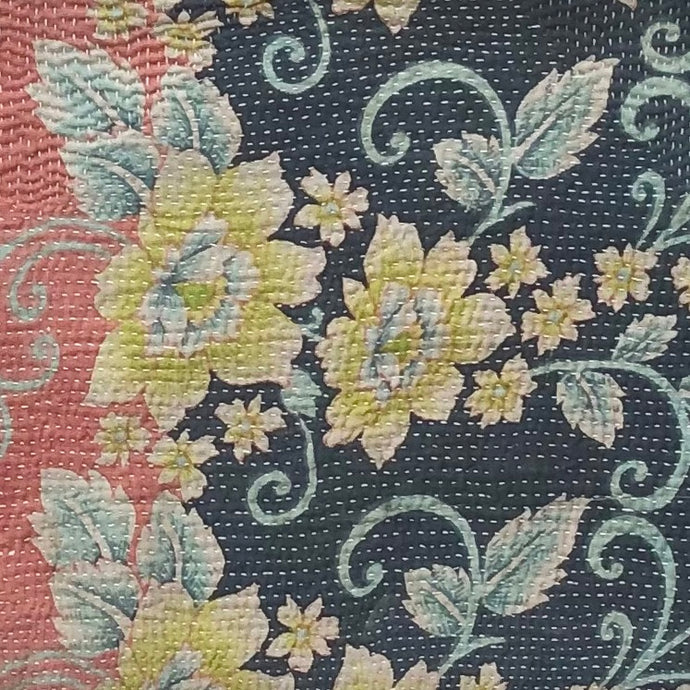 Vintage Kantha Cushion Cover - Grey Apricot Yellow Flowers