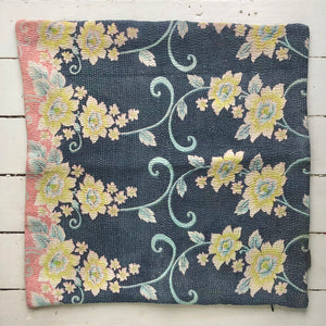 Vintage Kantha Cushion Cover - Grey Apricot Yellow Flowers