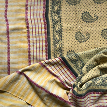 Load image into Gallery viewer, Close-up of patterned fabric with yellow, fuchsia pink and dark grey paisley designs.