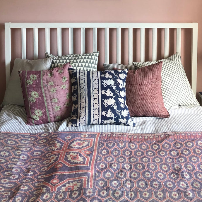 Vintage Kantha Throw – Soft Geometric Lavender Pink Ombre 140x235 cm