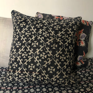 Vintage Kantha Cushion Cover - Black & Light Beige Geometric