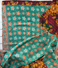 Load image into Gallery viewer, Vintage Kantha Throw – Saffron Flower Green Dark Pink 165x240 cm