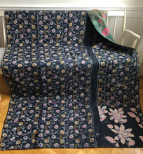 Load image into Gallery viewer, Vintage Kantha Throw – Black Flower Green Surfing Paisley 140x225 cm