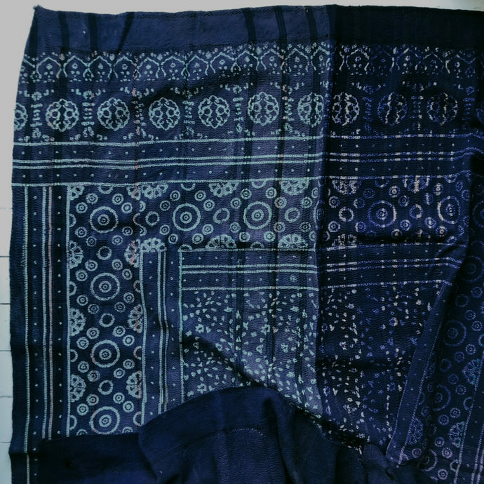 Vintage Kantha Throw – Indigo Blue Block Print 125x205 cm