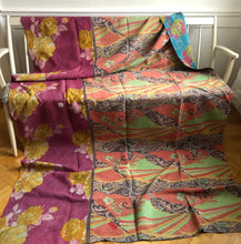 Load image into Gallery viewer, Vintage Kantha Throw – Turquoise Pink Tropical Flowers 145x245 cm