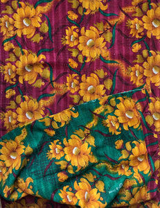 Vintage Kantha Throw – Saffron Flower Green Dark Pink 165x240 cm