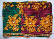 Load image into Gallery viewer, Vintage Kantha Throw – Saffron Flower Green Dark Pink 165x240 cm
