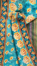Load image into Gallery viewer, Vintage Kantha Quilt – Turquoise Blue Yellow Flower 135x225 cm