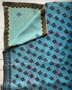 Vintage Kantha Quilt – Black Flowers on Turquoise Blue Aqua 150x225 cm