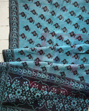 Load image into Gallery viewer, Vintage Kantha Quilt – Black Flowers on Turquoise Blue Aqua 150x225 cm