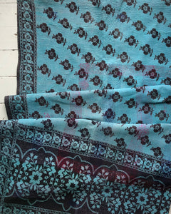 Vintage Kantha Quilt – Black Flowers on Turquoise Blue Aqua 150x225 cm