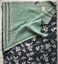 Load image into Gallery viewer, Vintage Kantha Throw – White Lily Dark Grey/Light Green 135x220 cm