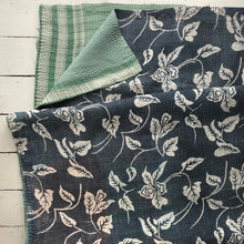 Load image into Gallery viewer, Vintage Kantha Throw – White Lily Dark Grey/Light Green 135x220 cm