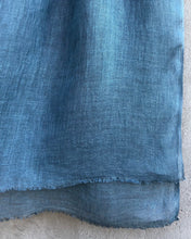 Load image into Gallery viewer, Close-up of a denim blue linen scarf on a textured surface