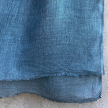 Load image into Gallery viewer, Close-up of denim blue linen scarf on a textured surface