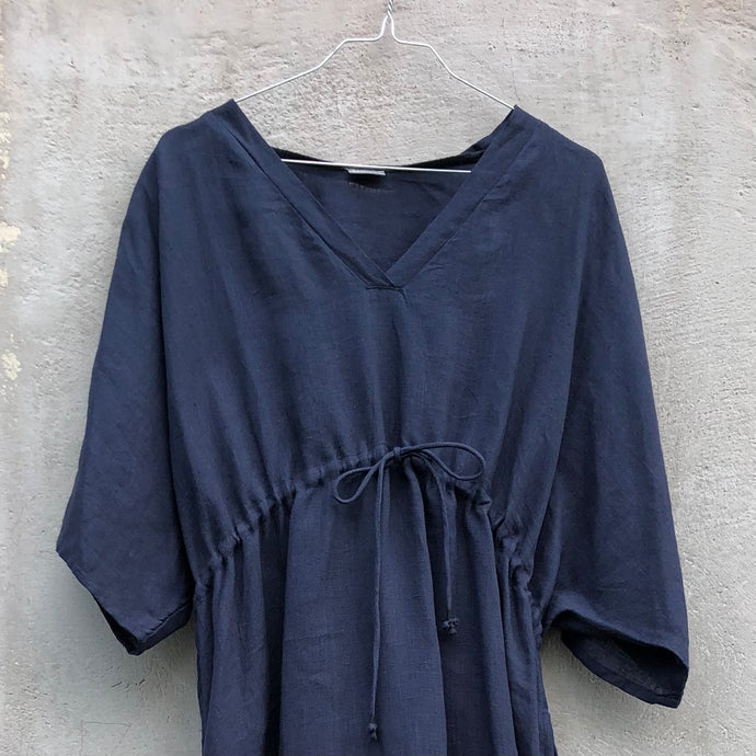 Maxi Kaftan Dress Washed Linen Indigo Blue