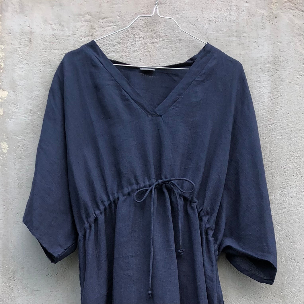 Maxi Kaftan Dress Washed Linen Indigo Blue