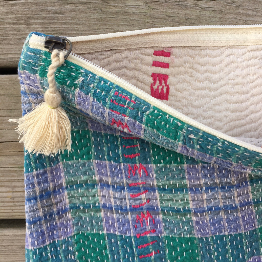 Vintage Kantha Pouch - Village Check