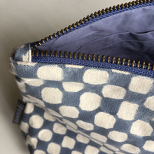 Load image into Gallery viewer, Make-up &amp; Toiletry Bag Organic Cotton Block-print Dots Blue