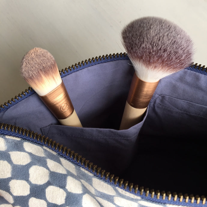 Make-up & Toiletry Bag Organic Cotton Block-print Dots Blue