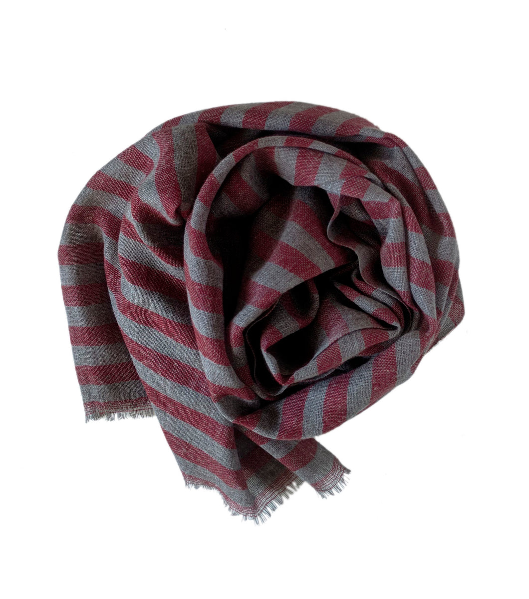 Scarf Stripe Grey Melange Red Cotton/Wool