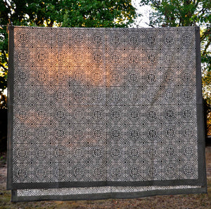 Tablecloth Organic Cotton Block Print - Tiles Black 150x250 cm